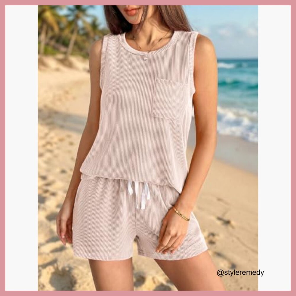 Polyester Blend Ribbed Lounge Set Sleeveless Tank… - image 3